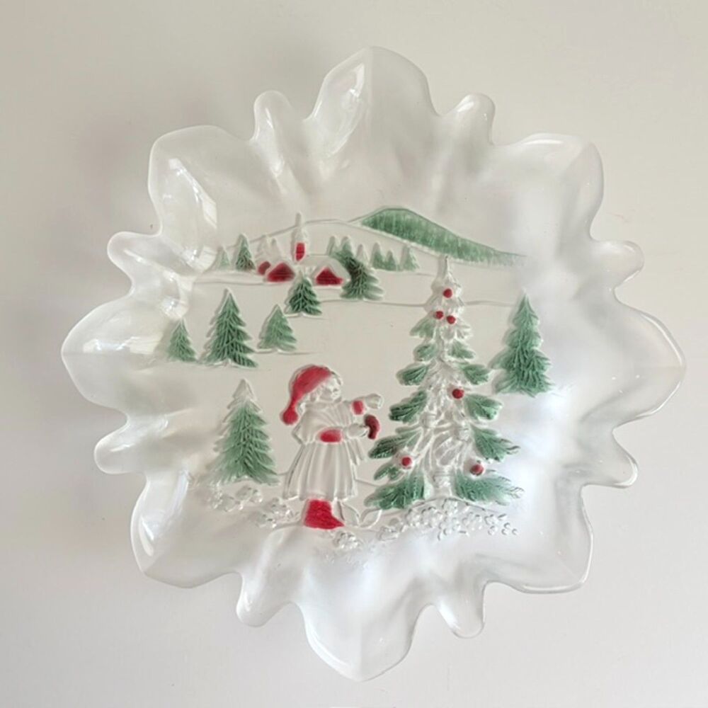 Christmas Frosted Glass Candy Dish Winter Scene Girl Tree Ruffled Edge 10”